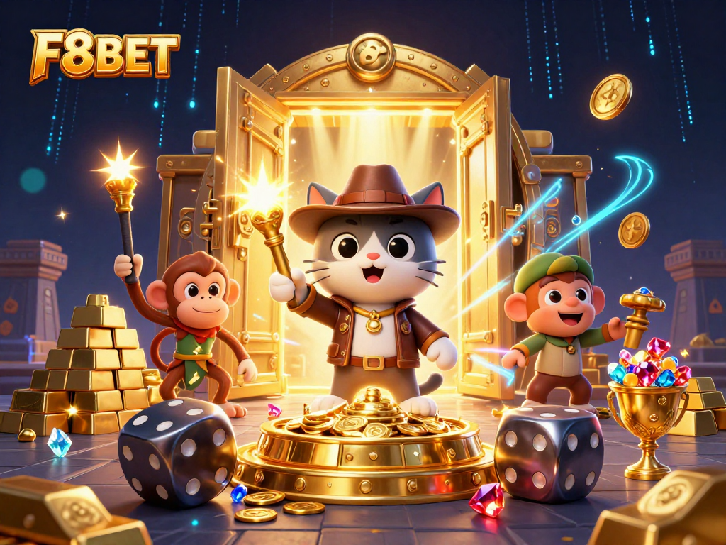 Experience thrilling gameplay with F8BET in a captivating casino treasure scene filled with riches and excitement.
