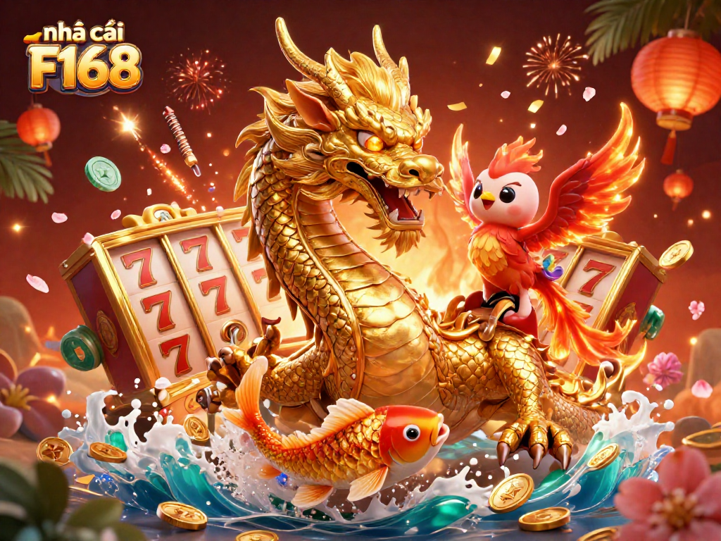 Experience the thrill of gaming at nhà cái F168 with vibrant 3D casino-themed illustration featuring dragons, phoenixes, and lucky koi fish.