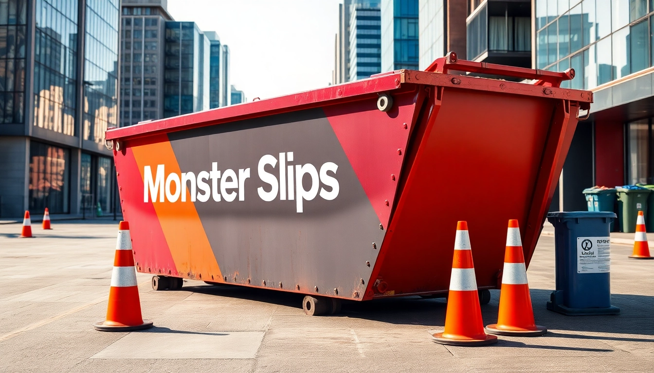Monster Skips showcasing a vibrant skip in an urban setting, emphasizing services and professionalism.