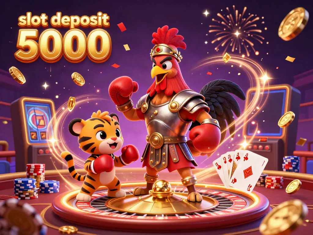 Experience excitement with slot deposit 5000 in a vibrant casino scene featuring a gladiator rooster, gold coins, and slot machines.