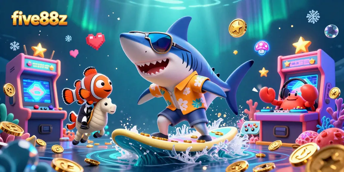 Engage with vibrant five88z casino themes featuring characters surfing on gold coins amidst arcade game elements.