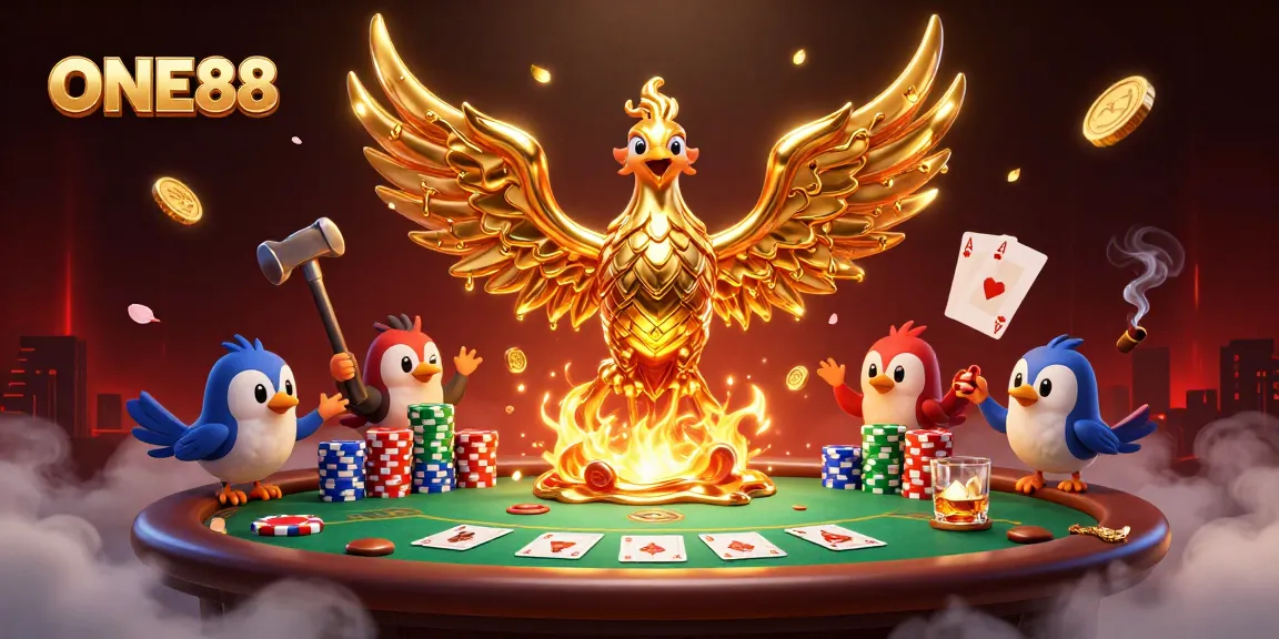 Engage with ONE88's thrilling casino atmosphere featuring a golden phoenix and vibrant poker elements.