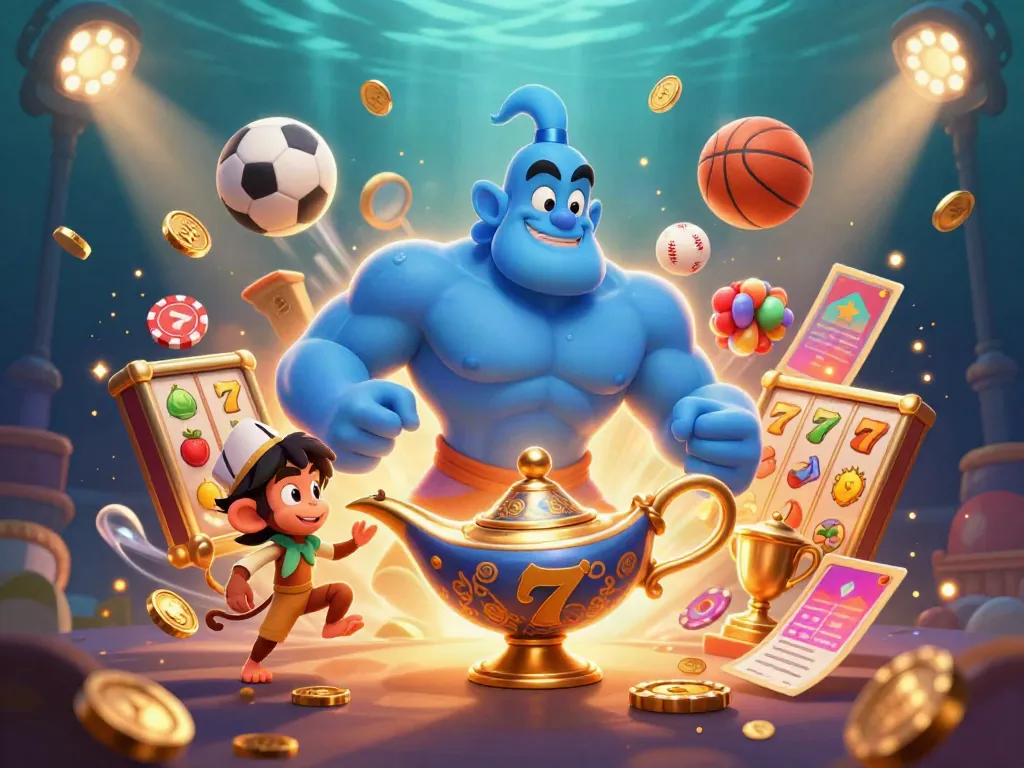 Spin the slot reels as a genie unleashes excitement in a vibrant gaming scene with gold coins.