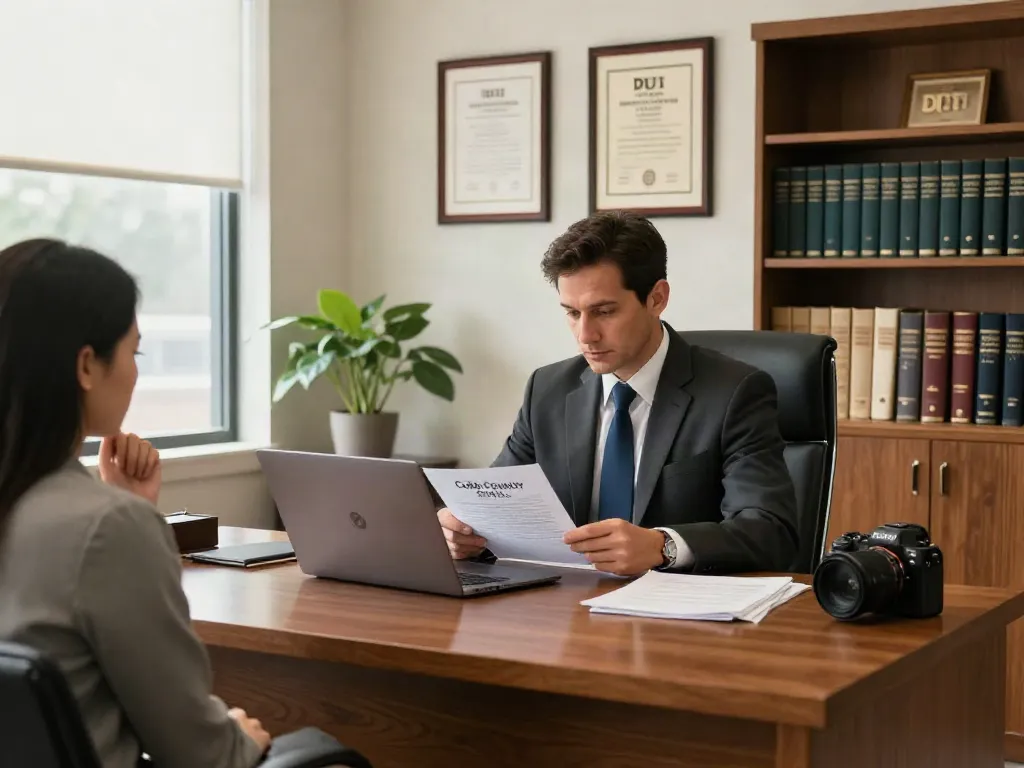 Cobb County pot DUI arrest legal consultation with attorney reviewing case files in a bright office.