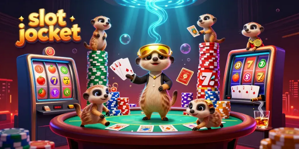 Menangkan slot jackpot dalam suasana kasino yang penuh warna dengan meerkat sebagai karakter utama.