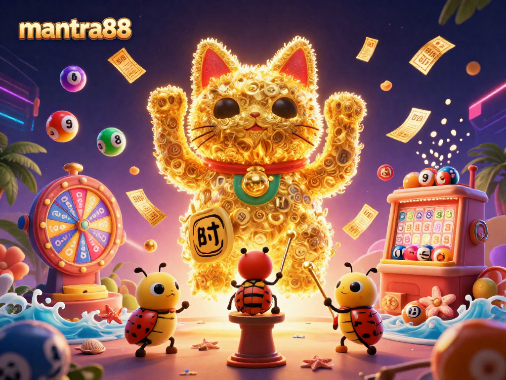 Engage with mantra88 as golden fireflies form a lucky cat surrounded by vibrant casino elements.