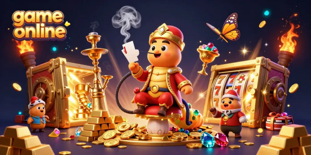 Engage in thrilling game online experiences with vibrant casino elements and a playful caterpillar character.