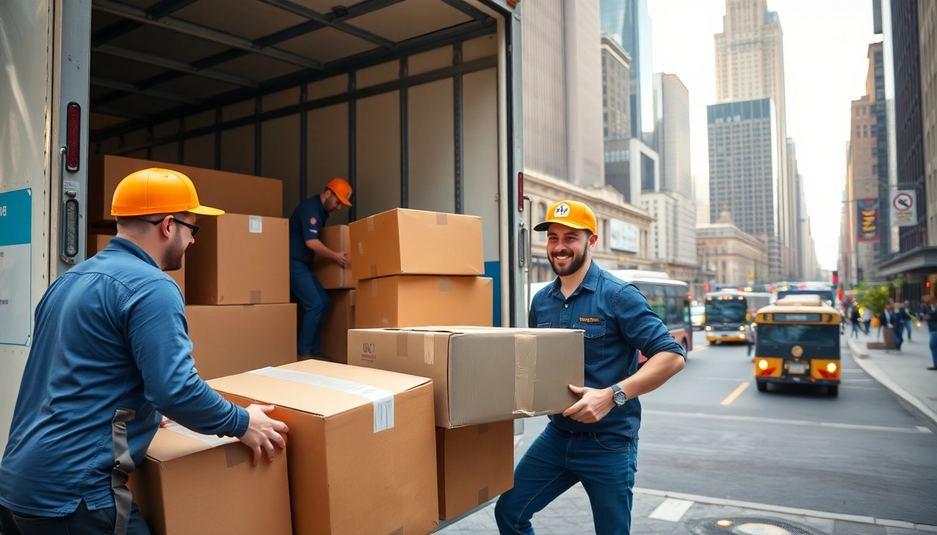 Efficient team handling manhattan moving tasks with vibrant city backdrop.