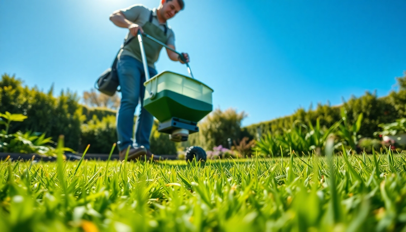 Applying lawn fertiliser Australia in a vibrant garden setting for healthy grass growth.